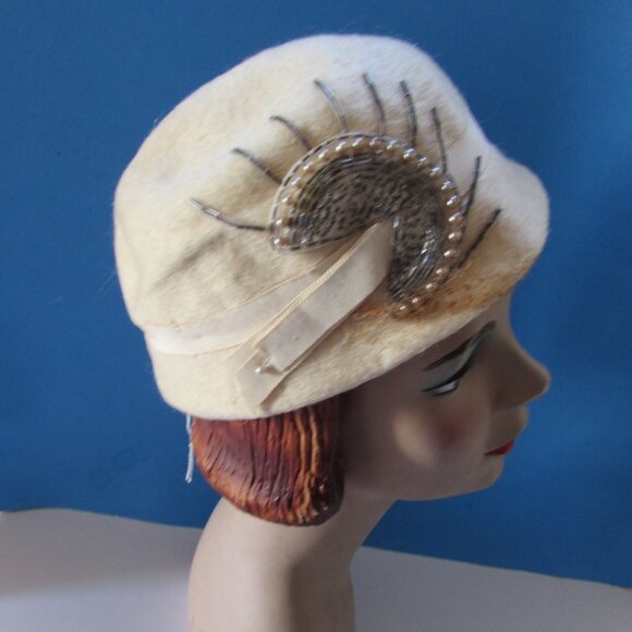 Mid Century Cloche in Cream Felt with Silver Tone Beading main image 14